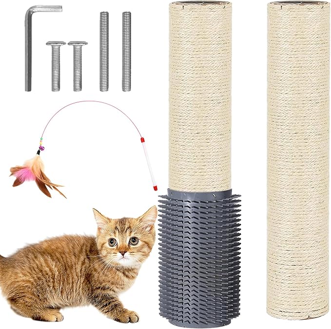 Cat Scratching Post Replacement Pole Refill 16in M8 Cats Tower Replacement Parts with Self Groomer Massager Spare Jute Kitty Tree Refurbishment Accessories for Indoor Kittens (Gray)