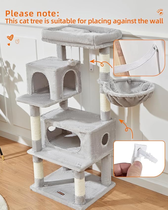 Taoqimiao Cat Tree,48.8-Inch Cat Tower for Indoor Cats,2 Luxurious cat condo with Adjustable Large Hanging Baskets and Large Luxurious Perch Light Gray MS029LW