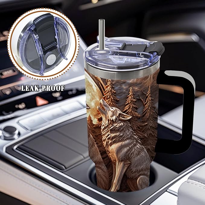 40 Oz Wolf Tumbler with Handle and Straw, Cool Stainless Steel Insulated Tumblers for Women Men, Birthday Gifts for Wolf Lovers Brother Dad