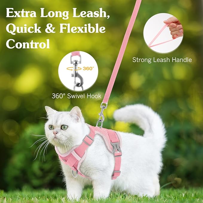 Cat Harness and Leash Set for Walking, Adjustable Kitten Vest Harness with Reflective Strip Breathable Mesh, Escape Proof Soft Pet Safety Vest for Cats, Kittens, Puppies, S, Pink