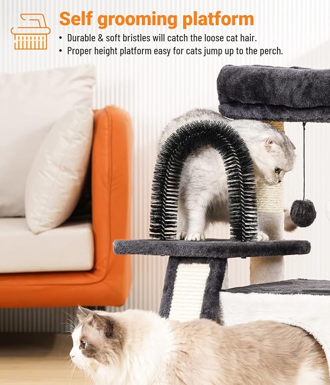 Happi N Pets Cat Tree Tower for Indoor Cats, Multi-Level Cat Tree with Scratching Posts & Pads, Cozy Cat Perch, Cat Self Groomer and Interactive Toys, Featuring with Large Cat Cave, Light Gray