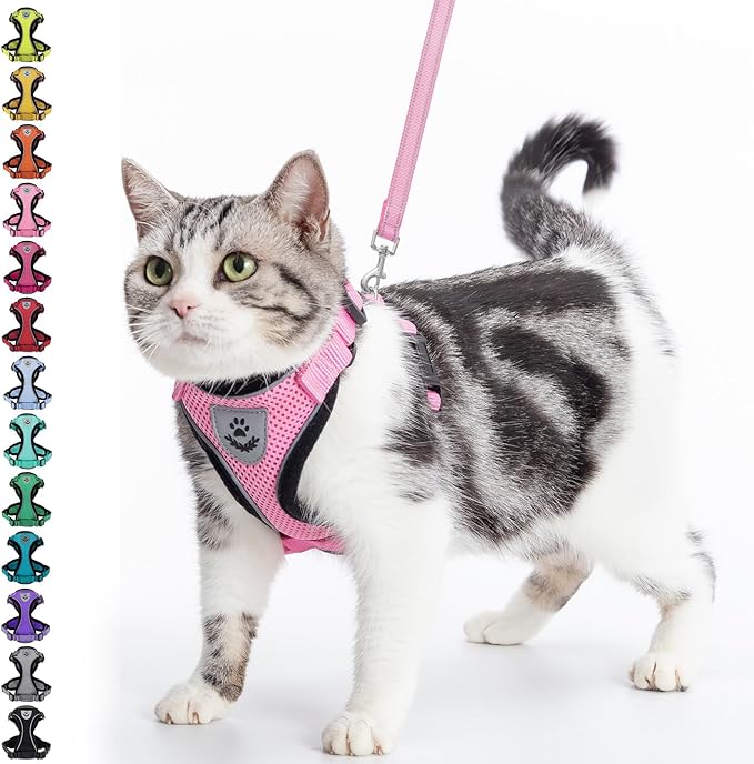 PUPTECK Cat Harness and Leash Set Escape Proof Reflective Cat Walking Harness Adjustable Soft Breathable Mesh Vest for Small Pets, Light Pink, M