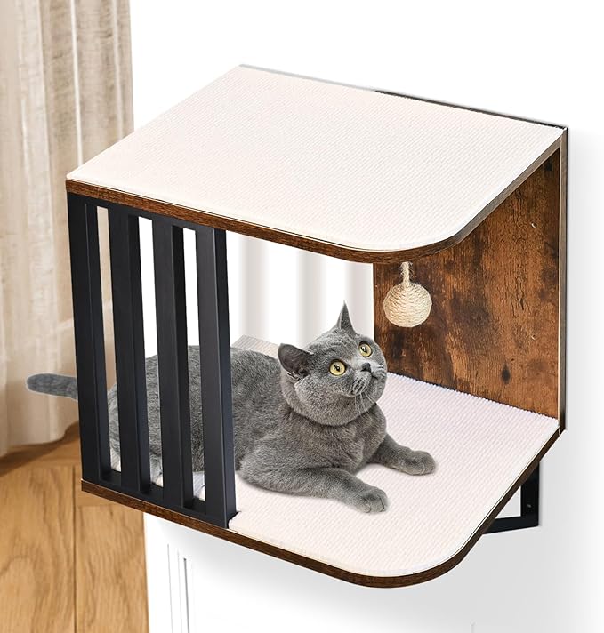 Cat Wall Shelves, 2-Tier Cat Wall Furniture, Small Cat Tree for Indoor Cats, Wood Cat Floating Shelf with Scratching Pad, Sisal Rope Ball, Wall Mounted Cat Tower Cat Perch for Nap, Climb, Play(Brown)