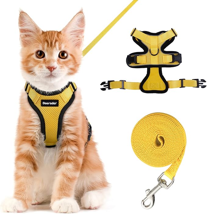 Dooradar Cat Harness and Leash Set, Escape Proof Safe Adjustable Kitten Vest Harnesses for Walking, Easy Control Soft Breathable Mesh Jacket with Reflective Strips for Cats, Yellow, XS