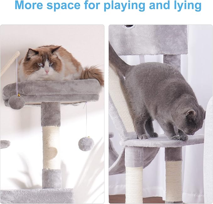 Hey-brother Cat Tree, 61 inch Cat Tower for Indoor Cats, Cat House with Padded Platform Bed, Toy Balls, Large Cozy Condo, Hammocks and Sisal Scratching Posts, Light Gray MPJ019W