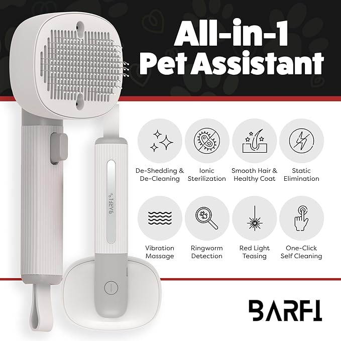 BARFI Pet Brush - Self-Cleaning Pet, Cat, Dog Shedding Brush - Multi-Functional Grooming Tool with Negative Ion Technology, Vibrating Massager, Wood's Lamp (Gray) - Free Pet Bowl