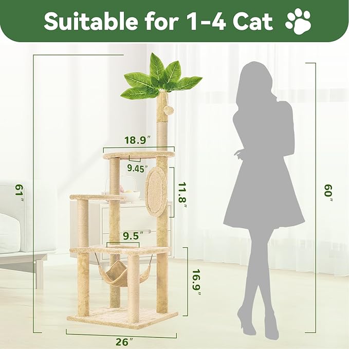 61" Large Cat Tree Tower for Indoor Cats with DIY Green Leaves Scratching Post Multi Soft Hang Ball Plush Cat House Furniture 360° Rotating Cat Scratch Board with Hammock, Beige