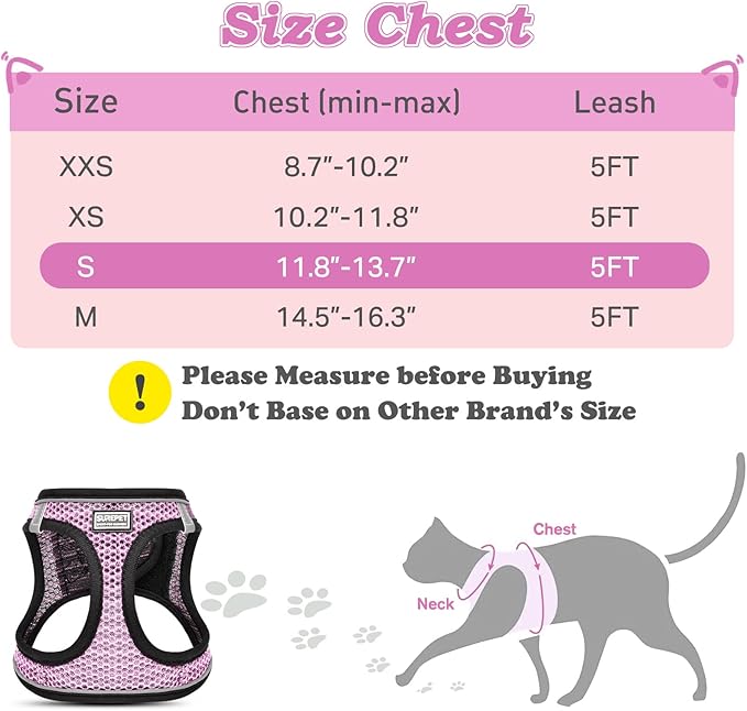 Cat Harness and Leash for Walking Escape Proof, Adjustable Kitten Vest Harness Reflective Soft Mesh Puppy Harness for Outdoor, Comfort Fit, Easy to Control (Lpink, S)