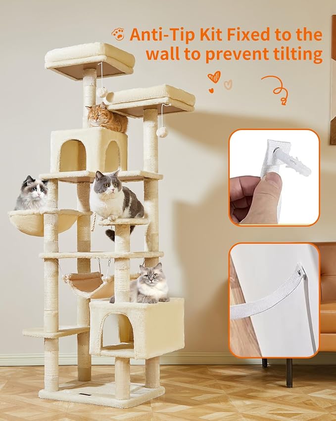 Taoqimiao Cat Tree, 71-Inch Cat Tree Cat Tower for Indoor Cats, Plush Multi-Level Cat Condo with 10 Scratching Posts, 2 Perches,Basket, 2 Caves,Hammock, 2 Pompoms,MS020M Beige
