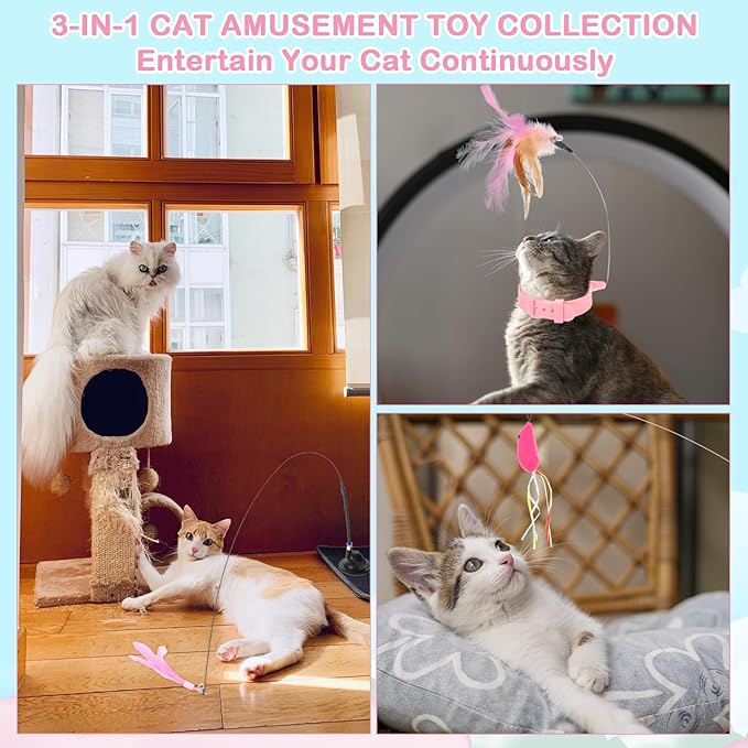 5Pcs Cat Feather Toy, Adjustable Cat Collar Neck Collar Toy Cat Teasing Wand with Silicone Collar, Funny Cat Stick, Interactive Self Playing Toys Bell for Indoor Cat Playing Small Animals(5 Style)