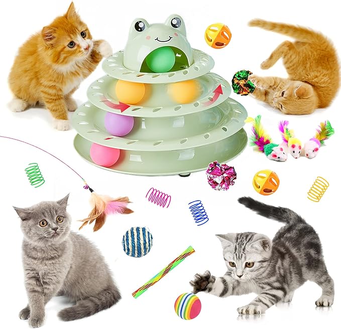 17 Pack Cat Toys, 4-Level Turntable Ball Track Interactive Cat Toy for Indoor Cats, Self Play Fun Roller with Colorful Rotating Ball Puzzle Exercise Kitten Toys Set