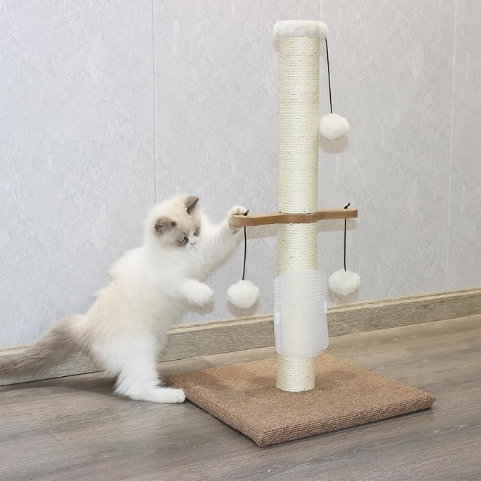 PAWSFANS Cat Scratching Post Sisal Vertical Scratcher Posts for Indoor Cats and Kittens,Three Hanging Ball Toy and Self-Grooming Brush,26inches Cat Scratch Pole Beige