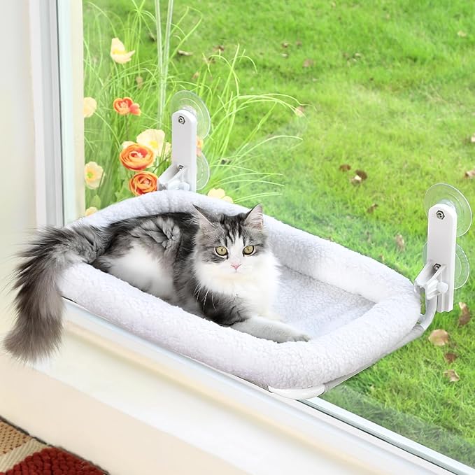 Foldable Cat Hammock for Window - Cordless, Embeded Machine Washable Bed, Robust Metal Frame - Cat Window Perch for Large Cats and Kittens (White Bolster Bed, Medium)