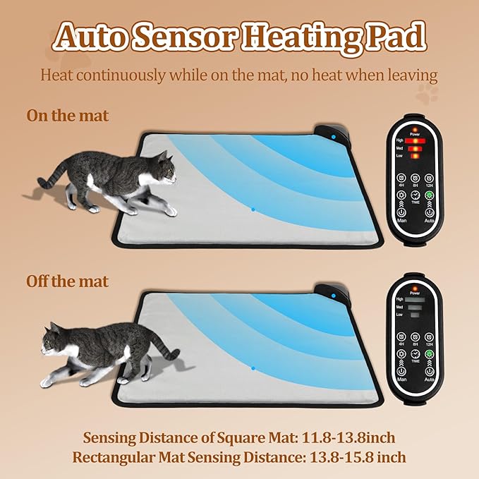 Cat Heating Pad & Dog Heating Pad, 3 Timer and 3 Level Temperature Smart Sensor Electric Pet Heating Pad with Chew Resistant Cord, Indoor Outdoor Warm Heated Bed for Dogs Cats -17.7x17.7