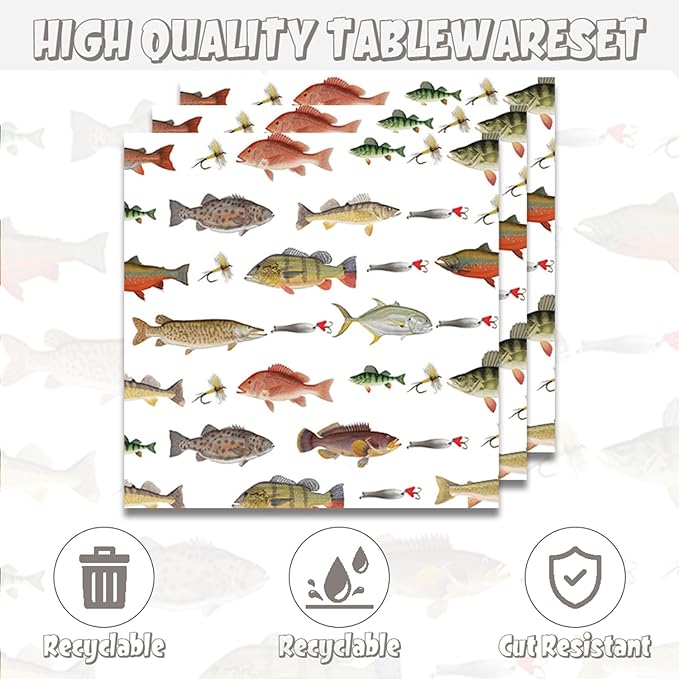 48Pcs Fishing Birthday Party Decorations for Men Women Fishing Party Decorations with Birthday Sign Baby Shower Forks Plates and Napkins Set SuppliesServe 16