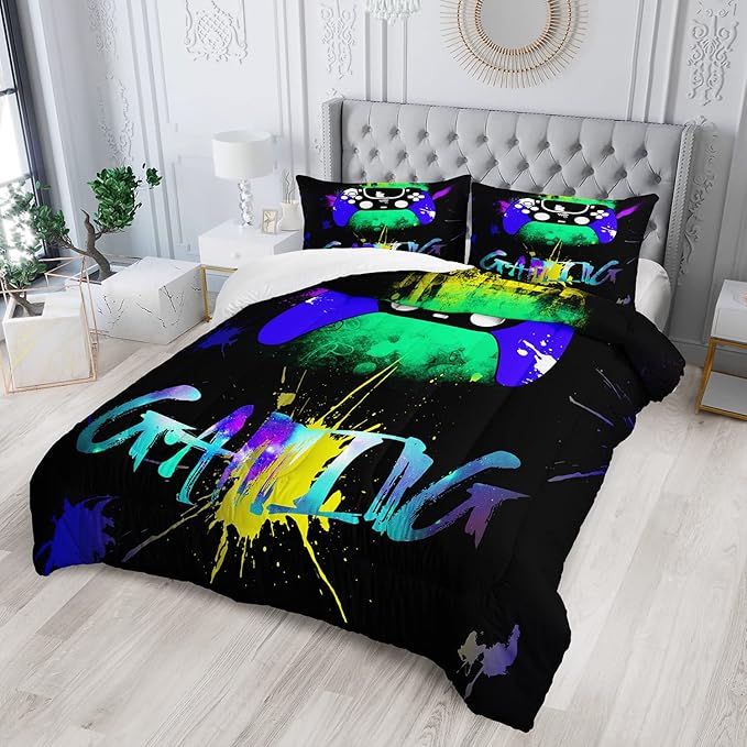 AILONEN Gamer Comforter Sets for Teen Boys, Gaming Bedding Sets Full Set,Video Game Bedspread,Game Duvet,Gamepad Bed Set,Controller Quilt Set,3 Piece 1 Comforter and 2 Pillowcases, Gamepad61
