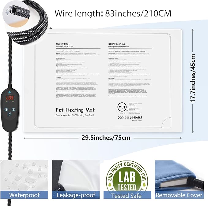 Pet Heating Pad Temperature Adjustment Dog Heating Pad Anti-bite Puppy Heating Pad with Timer Cat Heating Pad Indoor Waterproof Pet Warming Pad Electric Heated Bed Mat Dog