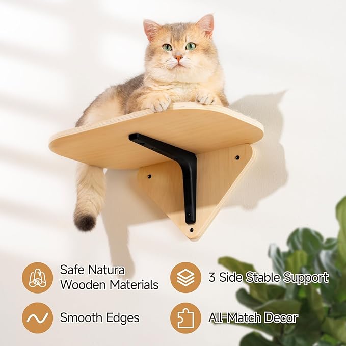 MEWOOFUN Cat Wall Shelves, 16.5'' x 10.3'' Cat Hammock with Scratching Mat, Wooden Cat Wall Furniture for Indoor Cats, Wall Mounted Cat Bed for Sleeping, Climbing and Playing