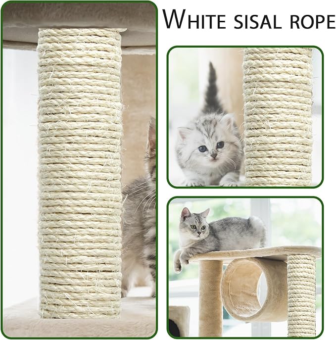 White Sisal Rope 1/4 Inch by 98-Feet for Cat Scratching Post Tree Tower Replacement Repair and Replace, DIY Hemp Twine Rope for Kittens Shelves Furniture Window Bed Perch House Climbing, 6mm by 30m