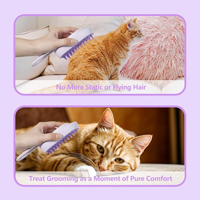3-in-1 Cat Steam Brush for Shedding, Rechargeable Cat Brush with Gentle Mist, Pet Hair Steam Brush for Cats and Dogs, Spritz Defur Comb for Cats (Purple)