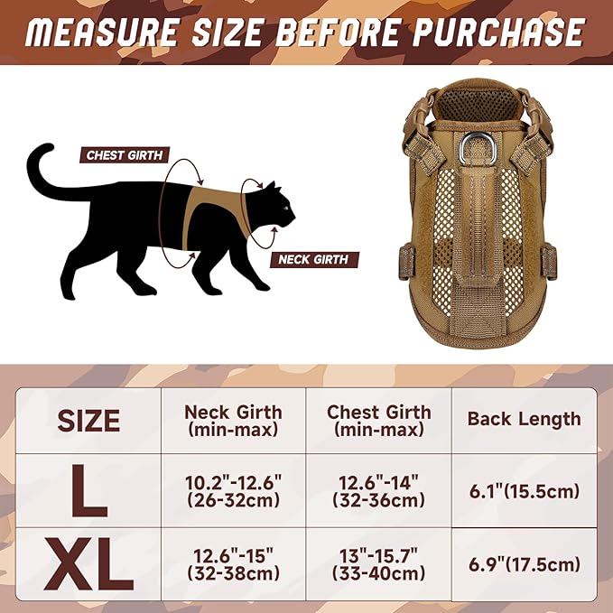 Tactical Cat Harness Leash, Air Mesh Cat Walking Vest Harness Escape Proof, Reflective Large Cat Harnesses with Handle for Adult Fat Cats (AKhaki, XL)