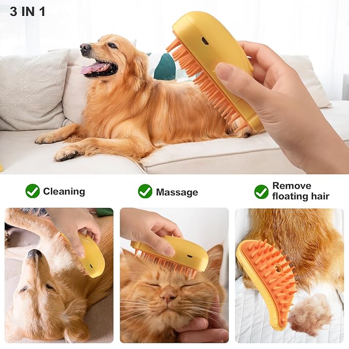 3in1 Cat Steam Brush,Multifunctional Rechargeable Cute Steamy Pet Brush for Short Or Long Hair Cats/Dogs To Massage/Clean/Eliminate Flying&Tangled Hair With USB Cable-Yellow Banana