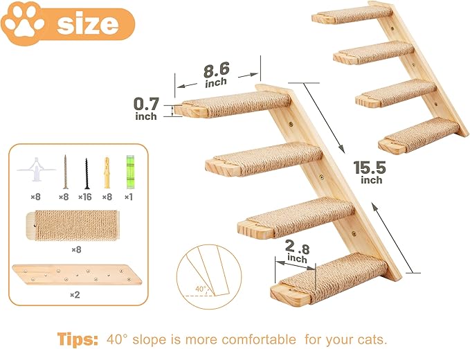 Cat Climbing Stair Shelf Wall Mounted Reversible Left & Right Direction, Cat Stairway Shelf for Climbing with Sisal Rope Ladder Cat Wall Furniture