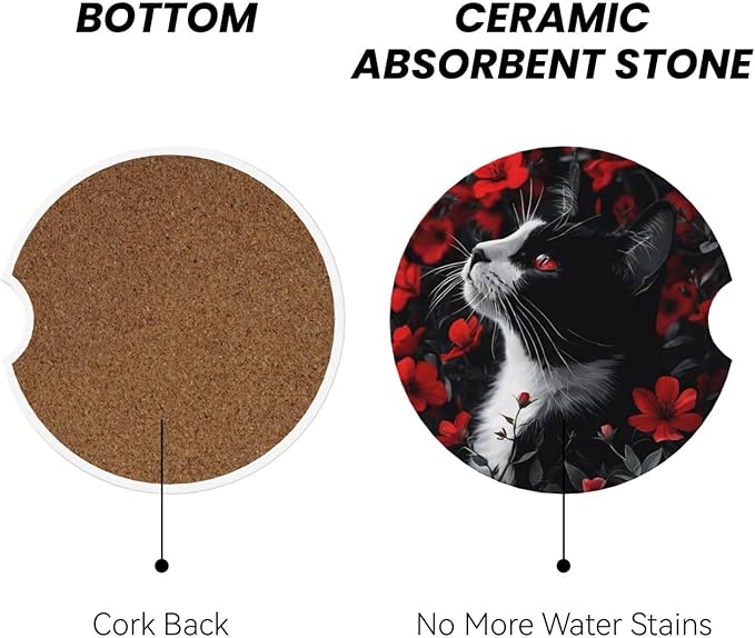 Absorbent Ceramic Car Coasters for Cup Holders, Black Cat Red Flower Design 2.56" Anti Slip Universal Drink Cup Coasters for Women Men (2 Pack)