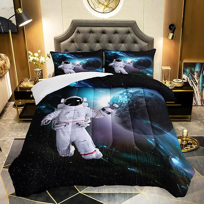 AILONEN Astronaut Comforter Set for Teens Boys Kids Girls, Space Astronaut Bedding Set Queen Size,Outer Space Themed Quilted Duvet Bed Set,Planet Quilt,1 Comforter 2 Pillowcases 3 Piece