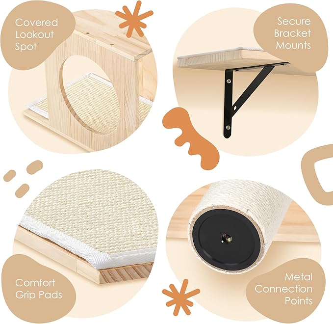 Houseables Wall Cat Tree, Wall Mounted Cat Tree, Cat Shelves, Cat Wall Furniture Set, Cat Wall Shelves, Cat Climbing Shelves, Wall Mount Cat Shelves, Cat Ledges for Walls, Wall Cat Furniture, w/House