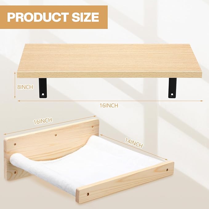 16" x 8" 2 Pcs Large Cat Wall Shelves with 16" x 14" Cat Hammock and Cat Scratching Mat Cat Wall Furniture Set Cat Climbing Shelf for 16 Inch Drywall, Suitable for Sleep, Climb, Play, Nap