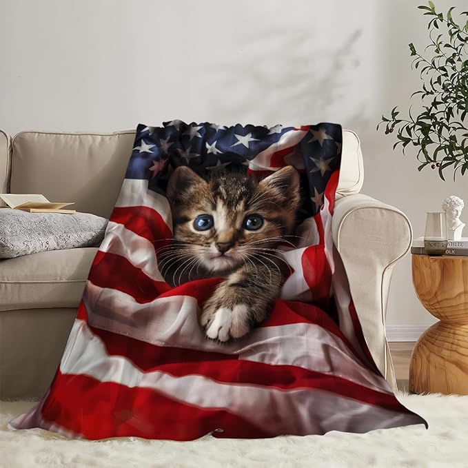 American Flag Cat Print Blanket Cute Kawaii Kitten Kitty Animal Throw Blankets Gifts for Couch Sofa Bed Stuff Decor Soft Cozy Fleece Plush Warm Flannel Bedding for Lover Men Women Kids 50"x60"