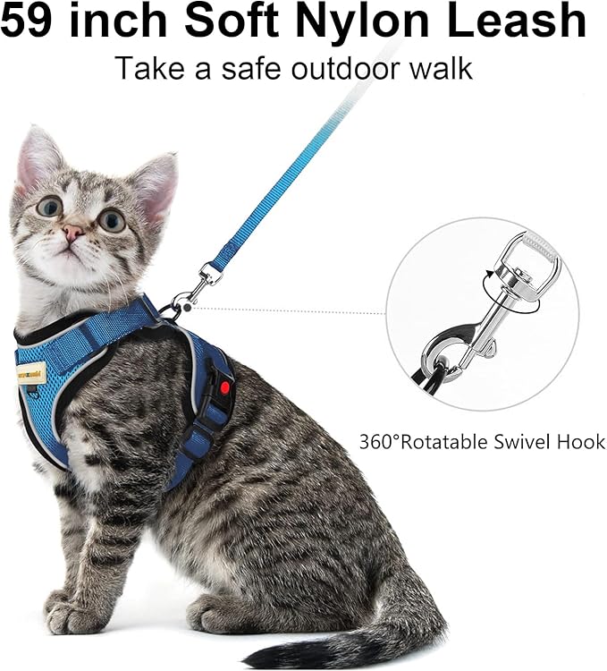 Cat Harness and Leash for Walking, Retractable Cat Harnesses and Leash Set Escape Proof, Breathable Soft Kitten Harness Small Large Cat Harness for Travel Training and Walking, Blue, S