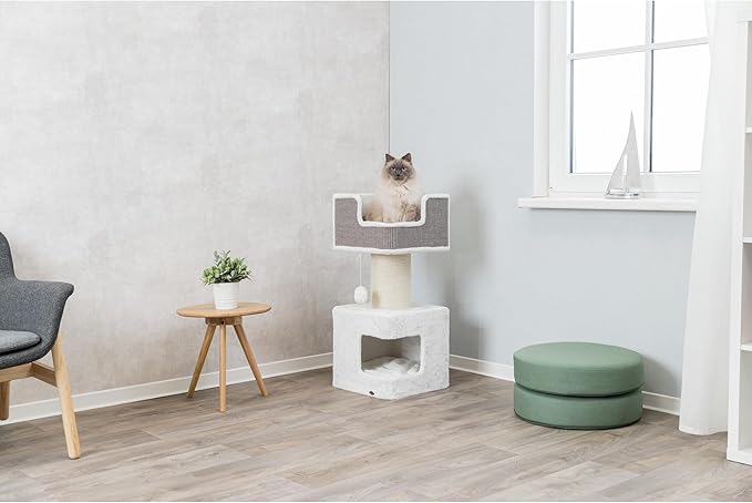 TRIXIE 33.9-in Ava XXL Cat Tree with Thick Scratching Post, Cat Condo, Cozy Top Platform with Removable Cushion, Dangling Cat Toy, Gray/White