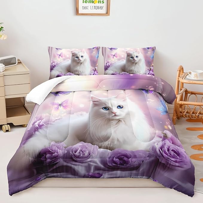 AILONEN Girls Cat Kitten Comforter Set Queen Size,Purple Rose Butterfly Cat Princess Kids Bedding Set,White Cat Comforter with 2 Pillowcases,Beautiful Cat Duvet Set 3 Pieces