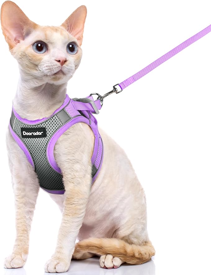 Dooradar Cat Harness and Leash Set, Escape Proof Lightweight Kitten Harness, Soft Breathable Reflective Vest for Outdoor Walking Traveling, Adjustable for Small Cats, Grey & Purple, S