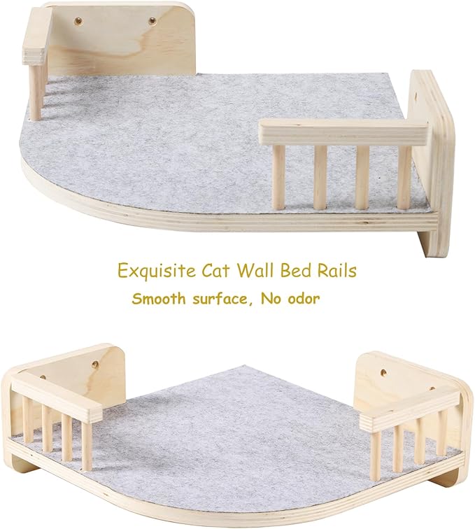 Cat Wall Shelves, Cat Shelves and Perches for Wall, Corner Cat Shelf, Cat Wall Furniture with 3 Steps Scratch Post, Cat Bed Hammock with Plush Covered, Climbing Shelf for Indoor Cats (Wood)