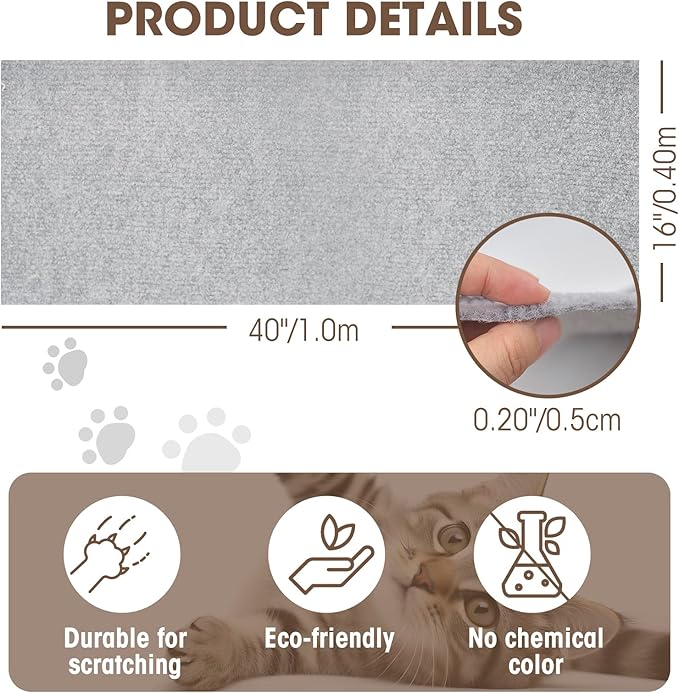 Cat Scratching Mat, 40"x16" Self-Adhesive Carpet Mat Trimmable Replacement for Cat Tree, Cat Wall Shelves, Cat Scratching Post, DIY Couch Furniture Protector (Light Gray)