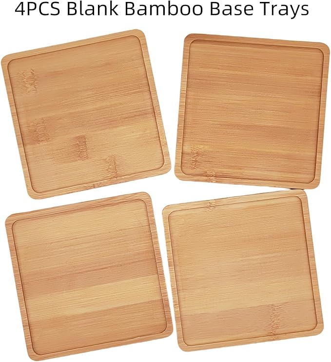 4PCS Mosaic Bamboo Coasters for Crafts, Blank Base Trays, Drinking Cup Coaster, Plant Coaster, Art Plate,DIY Mosaic Supplies (Square L)