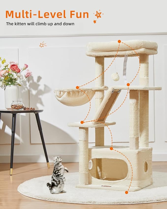 Taoqimiao Cat Tree,38.2-Inch Cat Tower for Indoor Cats,Suitable for Kittens with Luxurious cat condo with Adjustable Baskets and Luxurious Perch Beige MS029SM