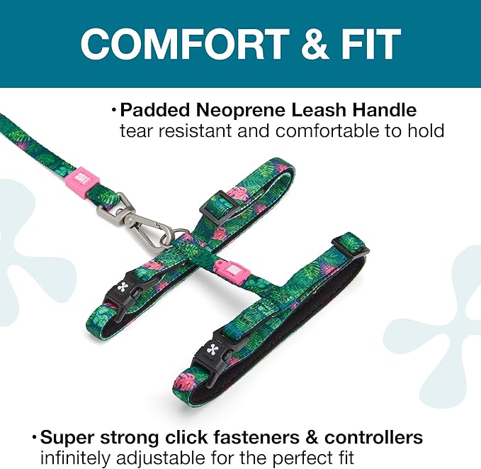 Max and Molly Adjustable Cat Harness and Leash Set - Escape-Proof Cat Harness with Leash for Outdoor Walking and Exploring, Soft Padded Double Stitched Fabric (Tropical)