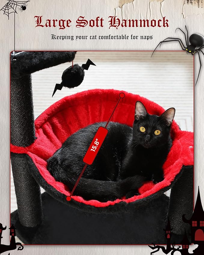 Gothic Cat Tree with Coffin Cat Bed, Spooky Cat Tree with Black Scratching Posts & Halloween Cat Tower & Large Hammock for Small Kittens, Cat Toy Black Bat Included