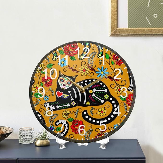 ALAZA Calavera Sugar Skull Black Cats Mexican Day of The Dead Wall Clock Battery Operated Silent Non Ticking Clocks for Living Room Decor 12 Inch / 9.5 Inch