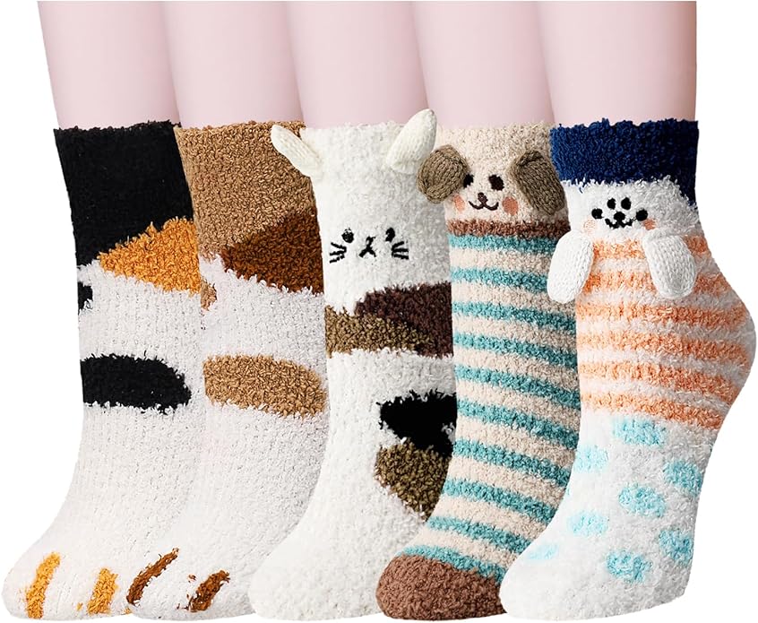 3-6 Pairs Womens Fuzzy Socks Cozy Fluffy Slipper Socks Cute Soft Cat Animal Winter Warm Sleep Socks Gifts