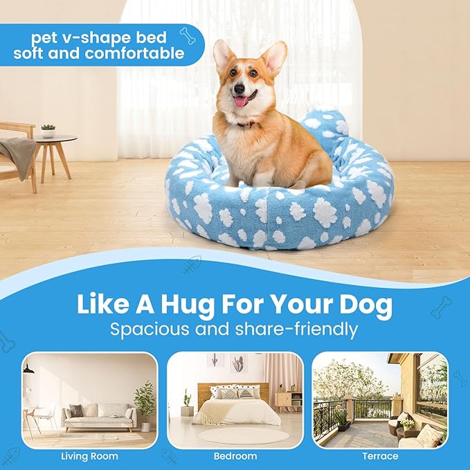 Cat Bed & Dog Bed, Removable Cozy Soft Cat Bed Washable Round Cute Dog Bed with Jacquard for Small Medium Cats and Dogs, Blue Sky M