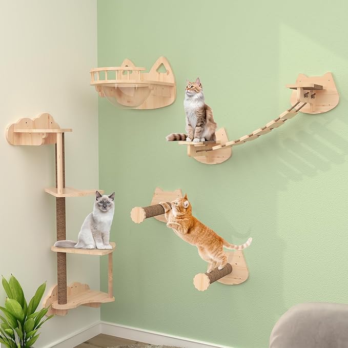Transparent Capsule Cat Wall Furniture Set of 13, Cat Shelves with 2 Sisal Scratching Steps, 4 Tier Cat Scratching Post, Cat Bridge, Wall Mounted Cat Bed for Kitty or Cats up to 33 lbs