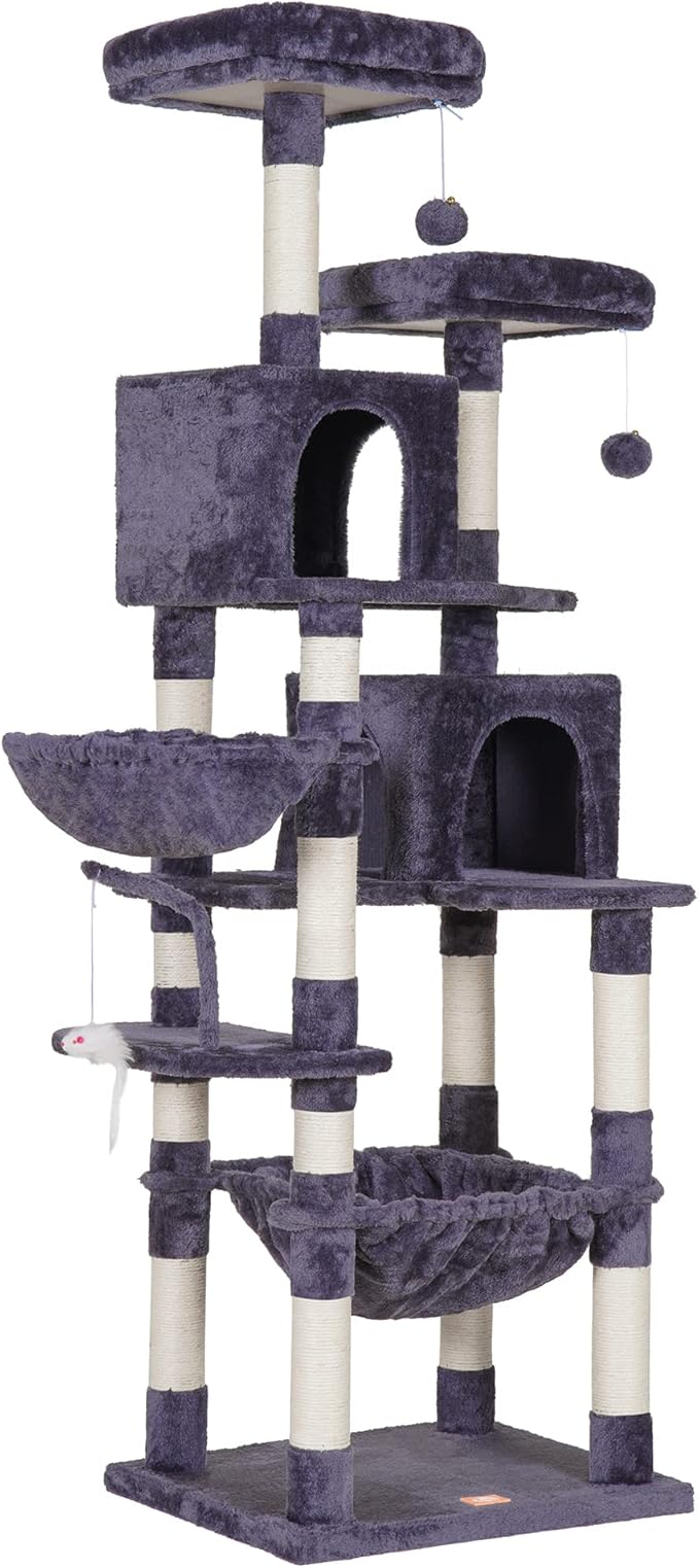 Heybly Cat Tree, 70 inches Tall Cat Tower condo with Toy for Indoor Large Cats, Cat House Furniture with Padded Plush Perch, Cozy Hammock and Sisal Scratching Posts,Smoky Gray HCT032G