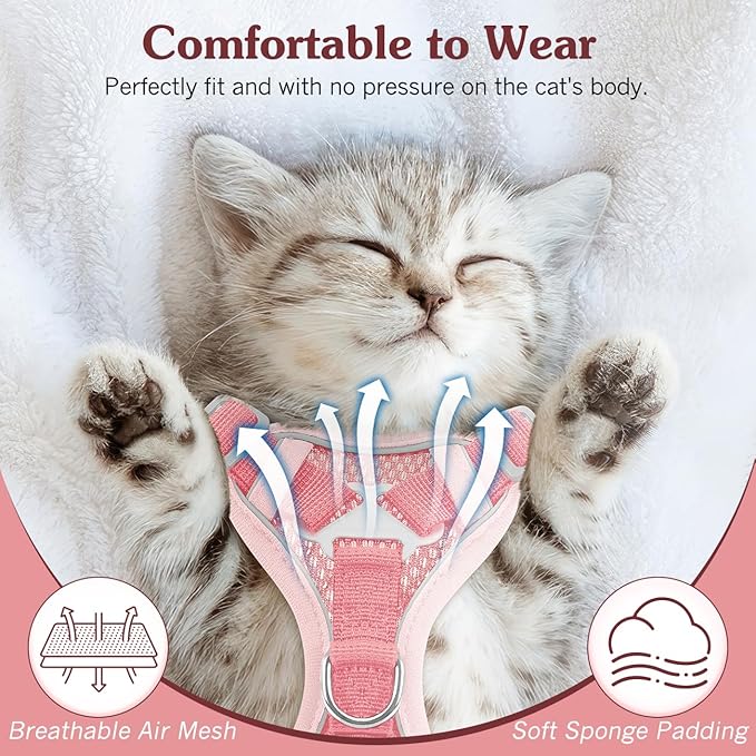 Cat Harness and Leash Set for Walking, Adjustable Kitten Vest Harness with Reflective Strip Breathable Mesh, Escape Proof Soft Pet Safety Vest for Cats, Kittens, Puppies, S, Pink