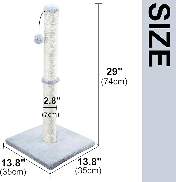Dimaka 29" Height Tall Cat Scratching Post, Claw Scratcher with Sisal Rope and Covered with Soft Smooth Plush, Vertical Scratch [Full Strectch] for Standard Size Cats (Grey, 29 inches)