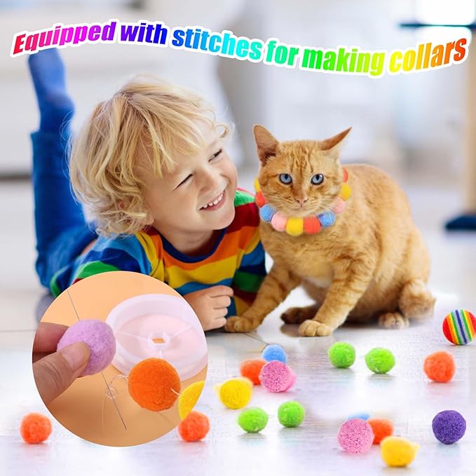 AIERSA Cat Toys Interactive for Indoor Cats,100pcs Pom Pom Balls with Launcher Set, Kitten Toys for Cats Self Play,Cute Cat Ball Toy for Cat Enrichment